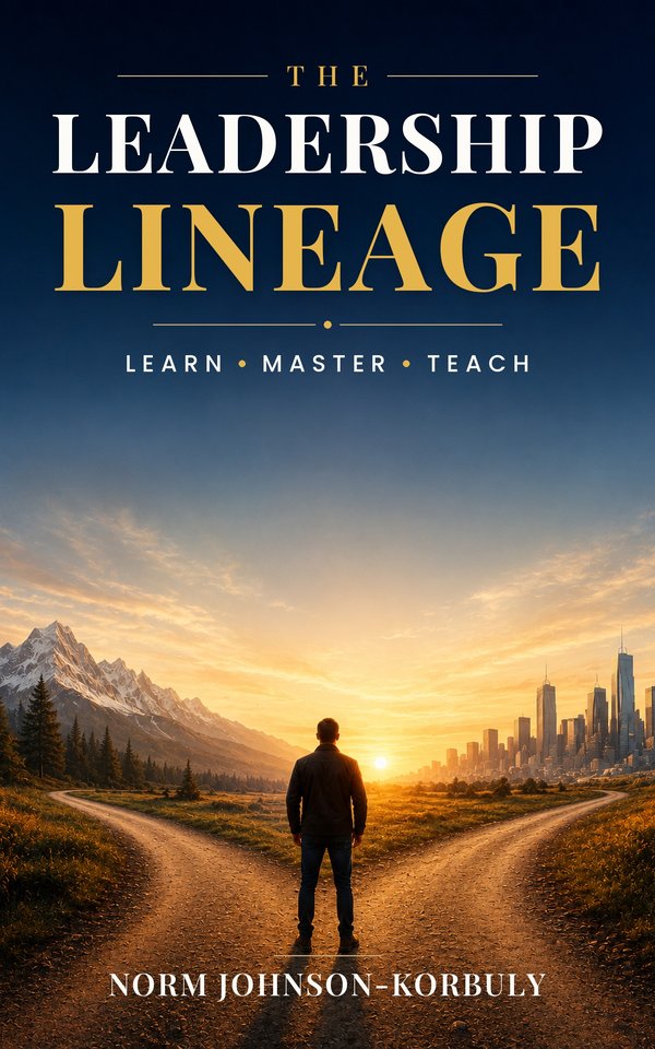 Cover of The Leadership Lineage by Norm Johnson-Korbuly: a man standing at a fork in the road at sunrise